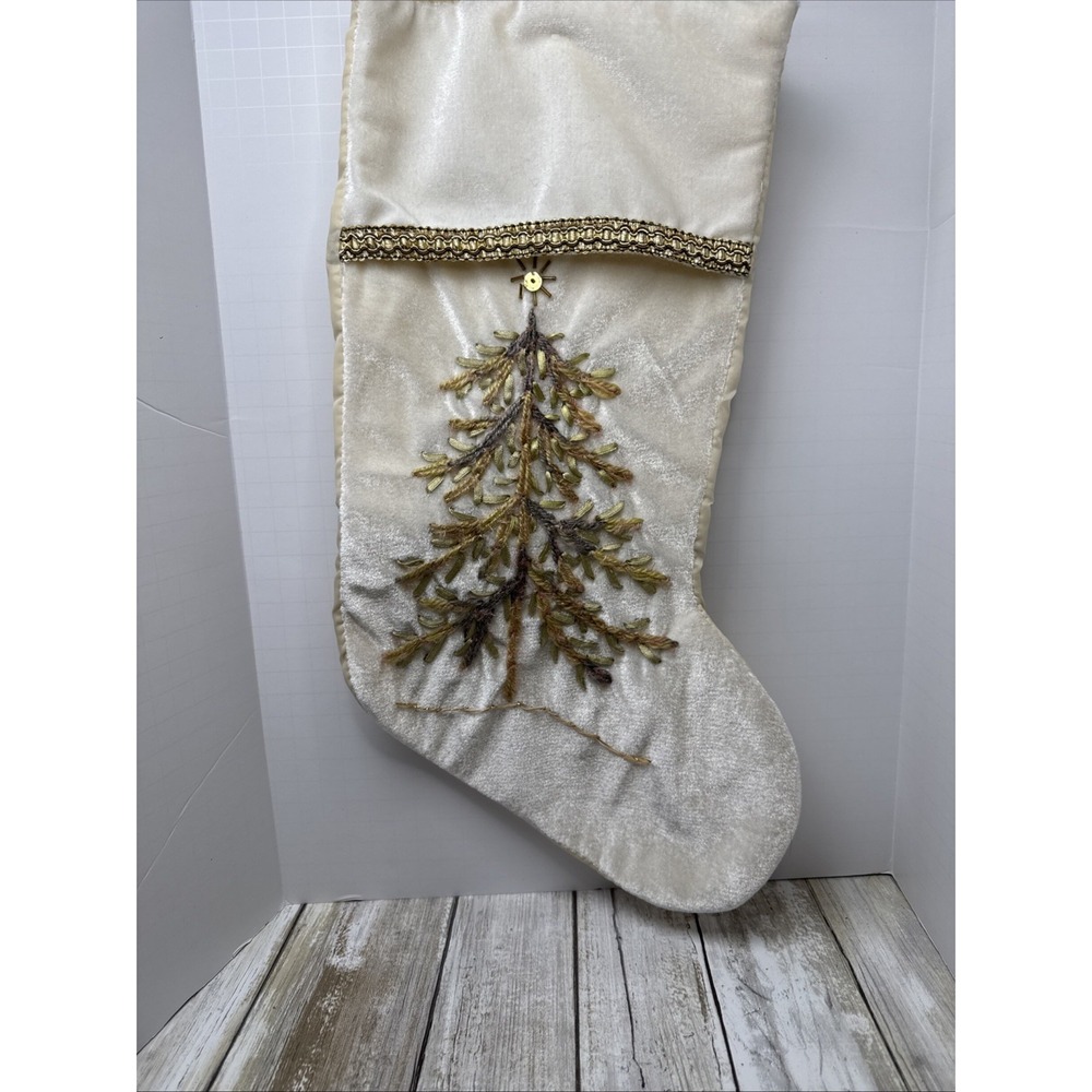 Rustic Ivory & Gold Christmas Tree Stocking Embroidered Ribbon Yarn Beaded 17"
